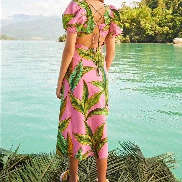 Farm Rio, Foliage-Print Cross-Back Midi Dress